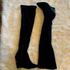 Nature Breeze Suede Over The Knee Embroidered Slim Fit Wedge Boots